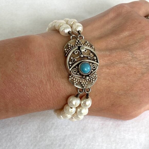 Sterling Silver 925 Two Strand Baroque Pearl Turquoise Bali Clasp Bracelet - Picture 1 of 16